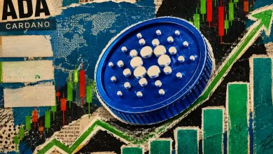 A 3D blue Cardano (ADA) logo coin floating above a vibrant green ascending market candlestick trading chart on a dark background.
