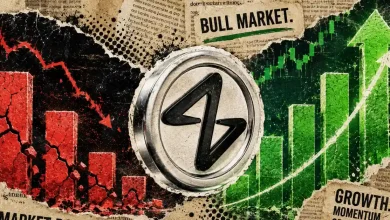 A sleek, 3D white and silver NEAR Protocol logo coin floating above an ascending green market candlestick chart on a dark background.