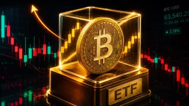 A physical golden Bitcoin coin broken into pieces on a dark red background showing descending financial market candlestick charts.