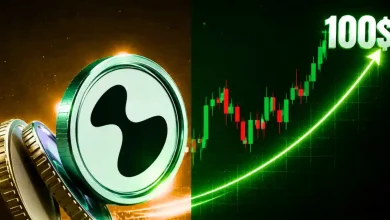 A 3D silver and purple Hyperliquid (HYPE) logo token floating next to a bright green target billboard showing a 100 dollar sign on a dark background.