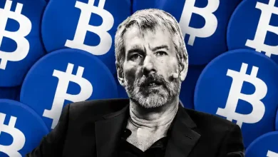 A portrait of MicroStrategy's Michael Saylor on the left side, contrasted against a prominent golden Bitcoin token coin on a dark tech background.
