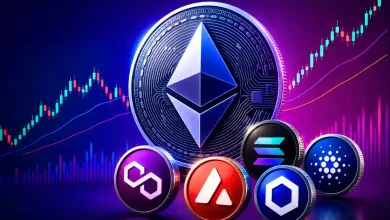 A 3D golden Bitcoin token coin cracked down the center on a dark background with sharp downward-trending red market chart lines, surrounded by floating altcoin logos like Ethereum and Solana.