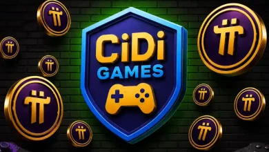 A 3D purple Pi Network token coin floating next to a glowing blue target billboard displaying the text Elf Continent on a dark digital network background.