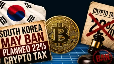 A dark red background showing descending market candlestick charts, featuring a glowing gold physical Bitcoin coin on the left and a 22 percent tax symbol inside a warning circle on the right.