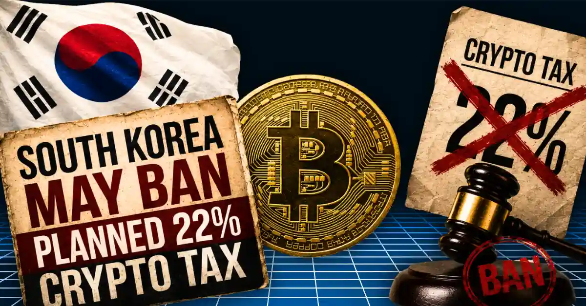 A dark red background showing descending market candlestick charts, featuring a glowing gold physical Bitcoin coin on the left and a 22 percent tax symbol inside a warning circle on the right.