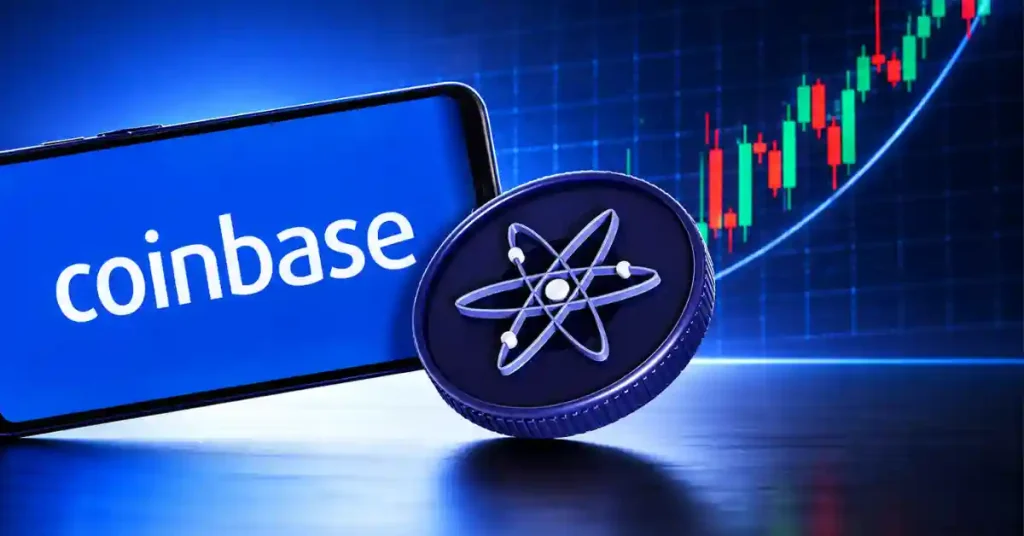 A 3D silver Cosmos (ATOM) logo token floating above a bright green upward-trending market candlestick trading chart on a dark background.
