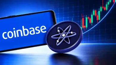 A 3D silver Cosmos (ATOM) logo token floating above a bright green upward-trending market candlestick trading chart on a dark background.