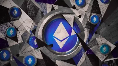 A fractured, cracked blue Ethereum (ETH) logo coin split down the middle against a dark background with sharp red downward candlestick chart lines.