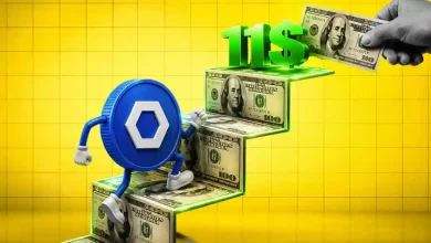 A 3D blue hexagonal Chainlink (LINK) logo coin floating next to a bright green target billboard displaying an 11 dollar sign against a dark grid background.