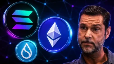 A professional portrait of macro investor Raoul Pal on the left side, contrasted against floating 3D cryptocurrency logo tokens on a dark network background.