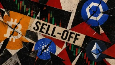 A fractured golden Bitcoin coin cracked down the middle next to falling market candlestick charts on a dark red background surrounded by bleeding altcoin tokens.