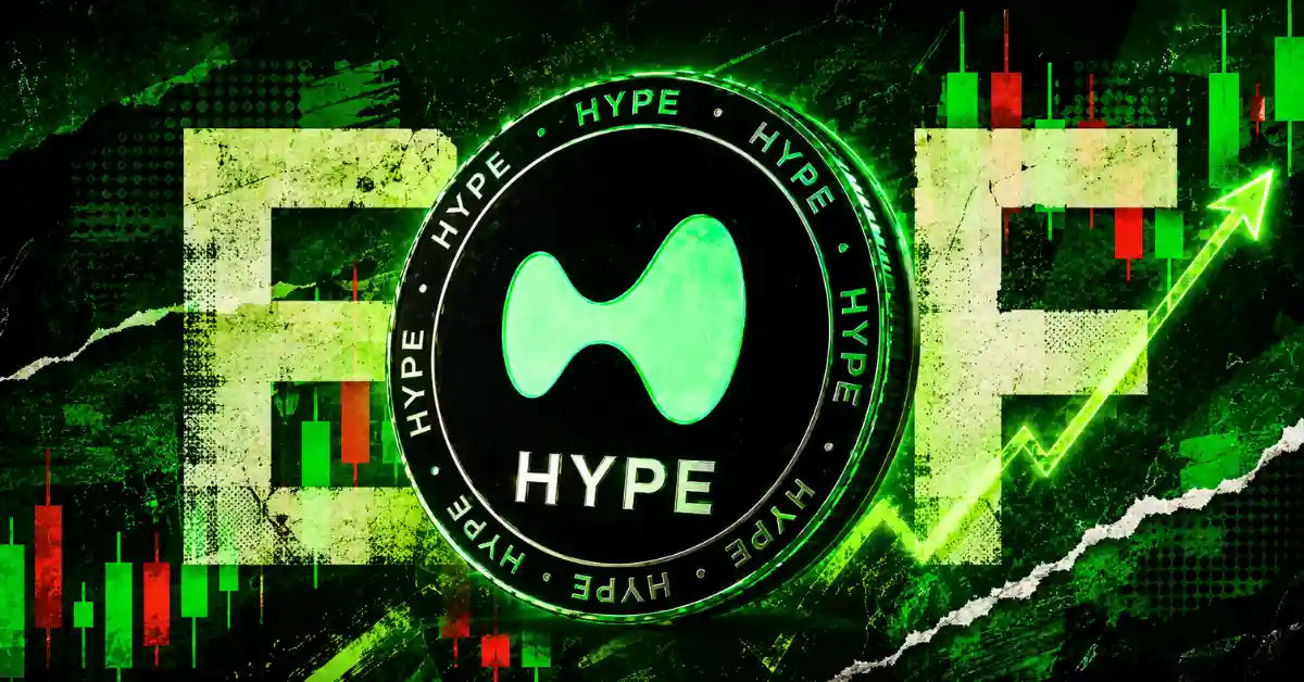 A 3D silver and purple Hyperliquid (HYPE) token coin floating next to a stylized institutional building facade backdrop under bright spotlight beams on a dark digital network background.