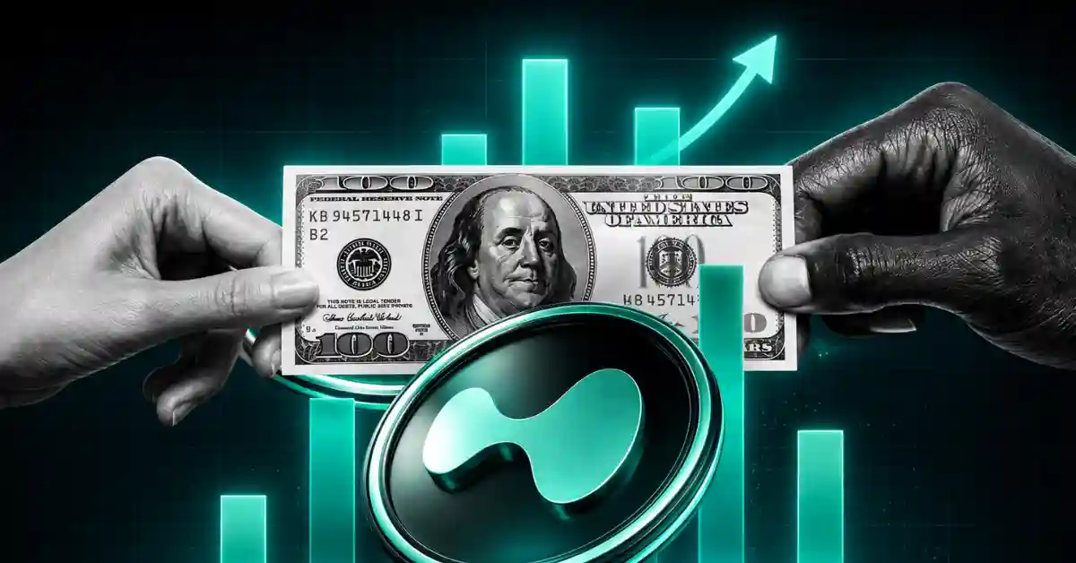 A 3D silver and purple Hyperliquid (HYPE) token coin floating next to a vibrant green target billboard showing a 100 dollar sign on a dark background.