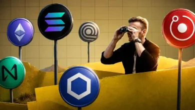 A 3D golden Bitcoin token coin surrounded by prominent floating altcoin logos, including Solana, Ethereum, Ripple XRP, and Cardano, on a dark digital network background.