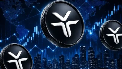 A 3D green and blue DeXe token coin floating next to a bright green target billboard showing a 25 dollar sign against a dark technical background.