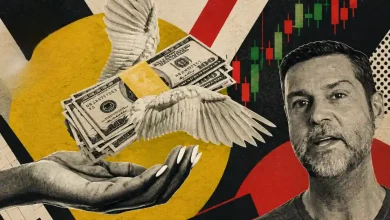 A professional portrait of macro investor Raoul Pal on the left side, contrasted against a dark background with abstract, glowing digital tech network lines.
