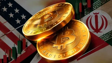 A prominent 3D golden Bitcoin token coin floating in front of a bright green ascending market candlestick trading chart on a dark background.