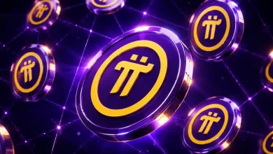 A 3D purple Pi Network token coin floating next to a vibrant green target billboard displaying the word Expansion on a dark digital network background.