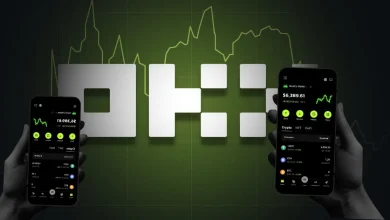 A 3D blue and white OKX logo token floating smoothly alongside a bright green target billboard showing the text Exchange OS on a dark digital network background.