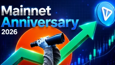 A 3D blue Toncoin (TON) logo token floating next to a vibrant green target billboard displaying the word Anniversary against a dark digital network background.