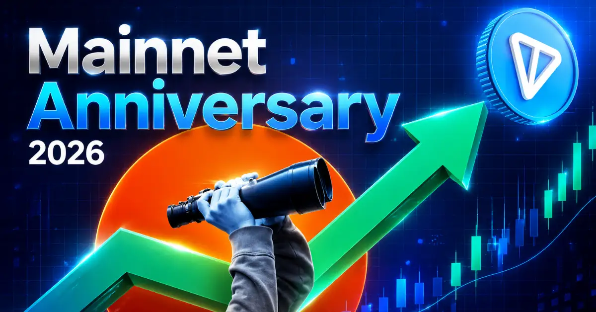 A 3D blue Toncoin (TON) logo token floating next to a vibrant green target billboard displaying the word Anniversary against a dark digital network background.