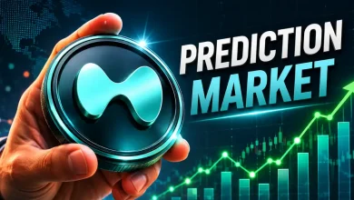 A 3D silver and purple Hyperliquid (HYPE) token coin floating next to a vibrant green target billboard displaying the text Prediction Market on a dark digital network background.