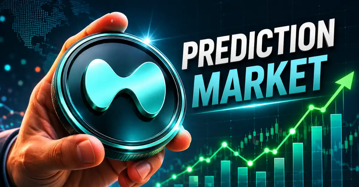 A 3D silver and purple Hyperliquid (HYPE) token coin floating next to a vibrant green target billboard displaying the text Prediction Market on a dark digital network background.