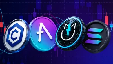 A prominent 3D golden Bitcoin token coin surrounded by floating altcoin logos, including Solana, Ethereum, Ripple XRP, and Cardano, on a dark digital network background
