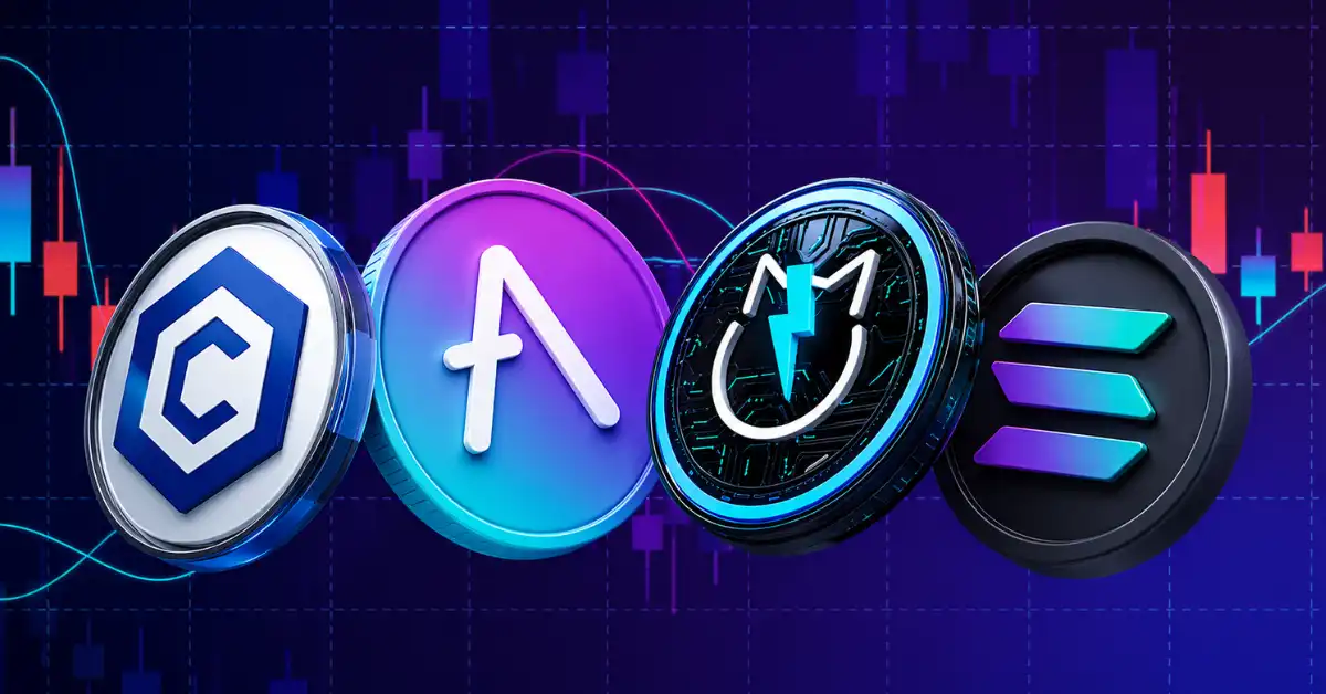 A prominent 3D golden Bitcoin token coin surrounded by floating altcoin logos, including Solana, Ethereum, Ripple XRP, and Cardano, on a dark digital network background
