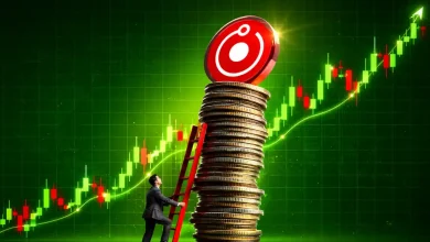 A 3D red Render (RENDER) token coin floating next to a bright green upward-trending market candlestick chart on a dark digital background.