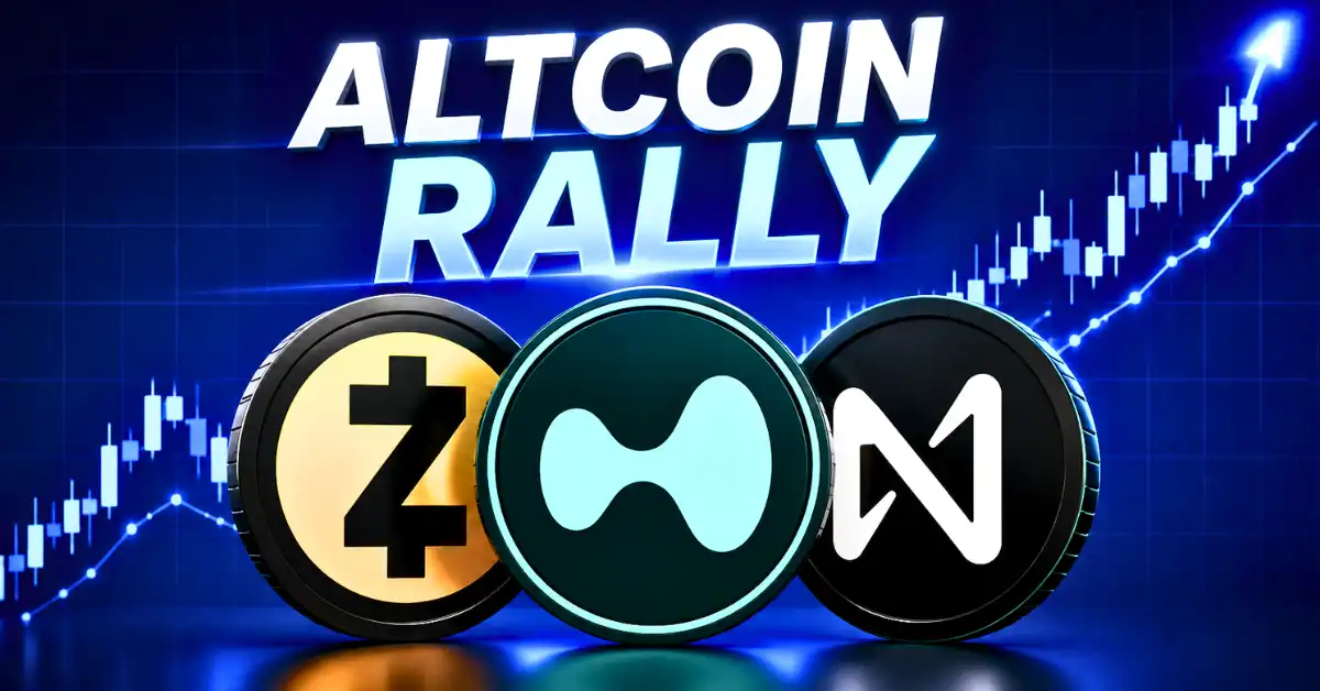 A 3D silver and purple Hyperliquid token coin alongside a golden Zcash token coin, floating smoothly above a green upward-trending market candlestick chart on a dark background.