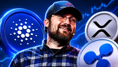A professional portrait of Cardano founder Charles Hoskinson on the left side, contrasted against a dark background with abstract, glowing digital tech network lines.