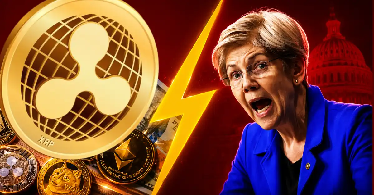 A large golden Ripple XRP logo token on the left and a dramatic graphic portrait of Senator Elizabeth Warren on the right, separated by a bright yellow lightning bolt against a dark red background with the US Capitol dome