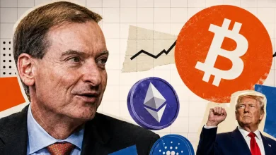 A creative paper cutout collage illustration featuring a portrait of SEC Chair Paul Atkins on the left, a large orange Bitcoin logo, a blue Ethereum coin, and Donald Trump raising his fist on the right against a gridded background.