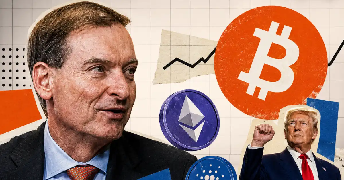 A creative paper cutout collage illustration featuring a portrait of SEC Chair Paul Atkins on the left, a large orange Bitcoin logo, a blue Ethereum coin, and Donald Trump raising his fist on the right against a gridded background.