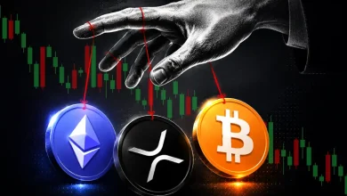 A large black-and-white hand controlling blue Ethereum, black XRP, and orange Bitcoin token coins like puppets on red strings, set against a falling red and green market candlestick chart on a dark background.
