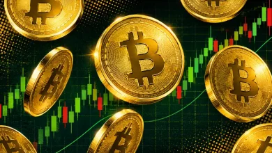 Multiple shining golden Bitcoin coins floating over a dark background with an ascending green market candlestick chart.