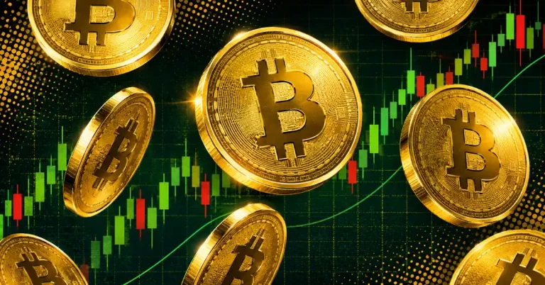 Multiple shining golden Bitcoin coins floating over a dark background with an ascending green market candlestick chart.
