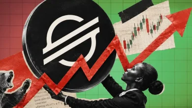 Paper collage of a woman lifting a large black Stellar XLM coin, a rising red arrow breaking past a roaring bear, and a market chart.