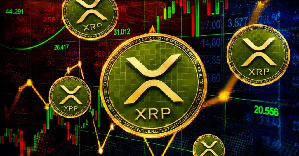 Multiple golden XRP tokens floating over a dark background with red and green market candlestick charts and digital numbers.