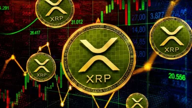 Multiple golden XRP tokens floating over a dark background with red and green market candlestick charts and digital numbers.