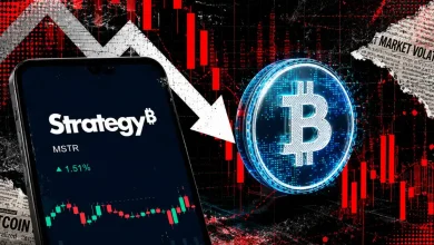 Paper collage showing a smartphone with "Strategy MSTR" text, a descending white arrow pointing to a digital blue Bitcoin coin, and red market charts.