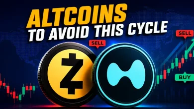 Large yellow Zcash ZEC and blue Hyperliquid HYPE tokens on a dark world map background with text reading "ALTCOINS TO AVOID THIS CYCLE".