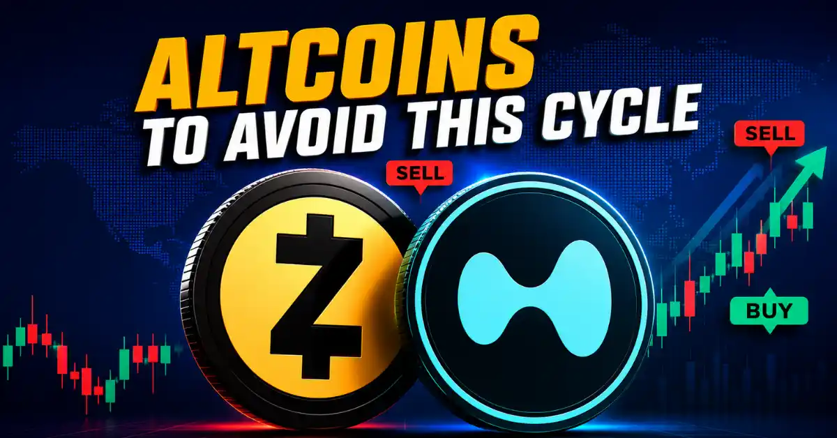 Large yellow Zcash ZEC and blue Hyperliquid HYPE tokens on a dark world map background with text reading "ALTCOINS TO AVOID THIS CYCLE".