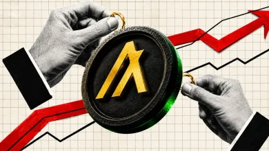 Paper collage of black-and-white hands holding a gold Algorand coin against a grid background with a rising red arrow.