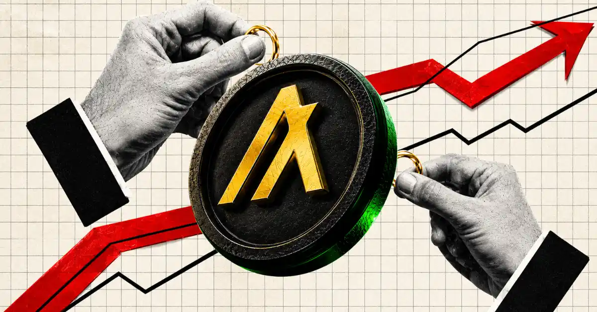 Paper collage of black-and-white hands holding a gold Algorand coin against a grid background with a rising red arrow.