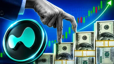 A hand walking up stacks of cash like stairs next to a large blue Hyperliquid token against a rising market chart.