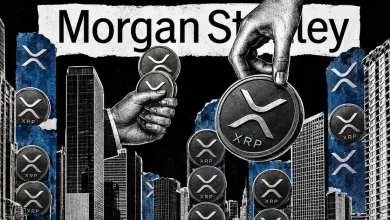 Paper collage of hands exchanging XRP coins over a city skyline background under a "Morgan Stanley" torn sign.