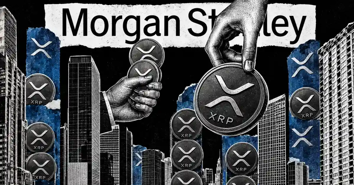 Paper collage of hands exchanging XRP coins over a city skyline background under a "Morgan Stanley" torn sign.
