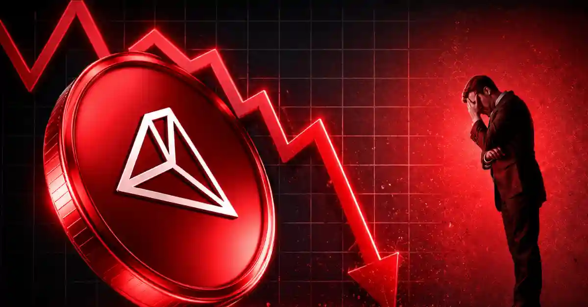 Large red TRON token next to a falling neon red arrow and a stressed businessman holding his head on a dark gridded background.